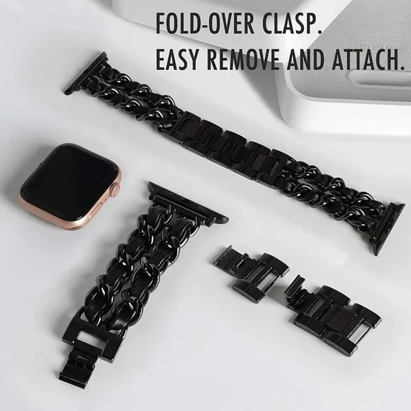 NEW Strap Chain Leather Stainless Band For Apple Watch - PB - Picture 8 of 11